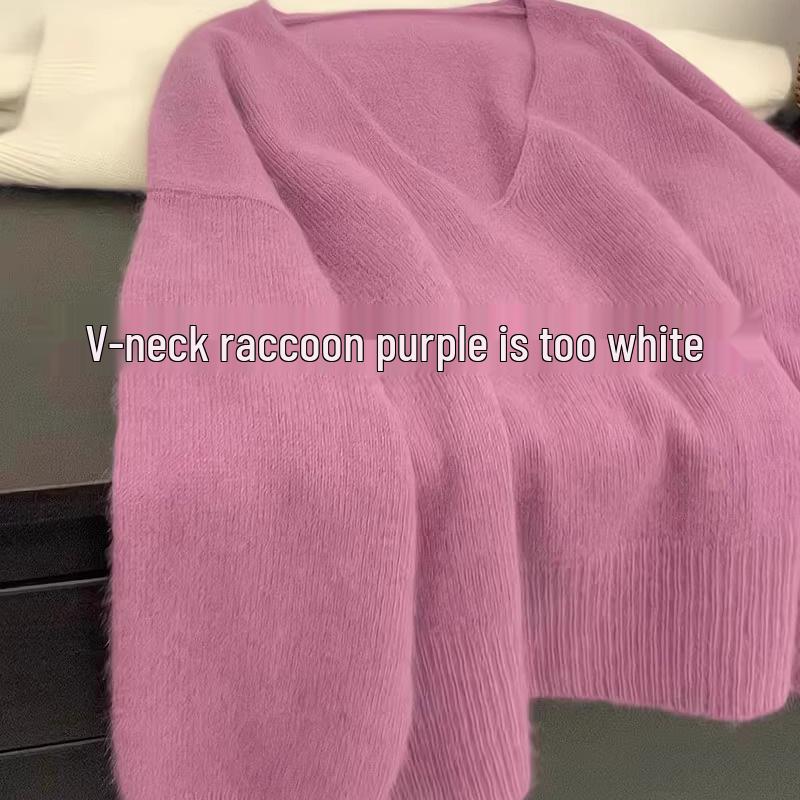 Women's Korean V-Neck Blue Knitted Sweater - Soft, Loose-Fit Autumn/Winter Pullover.