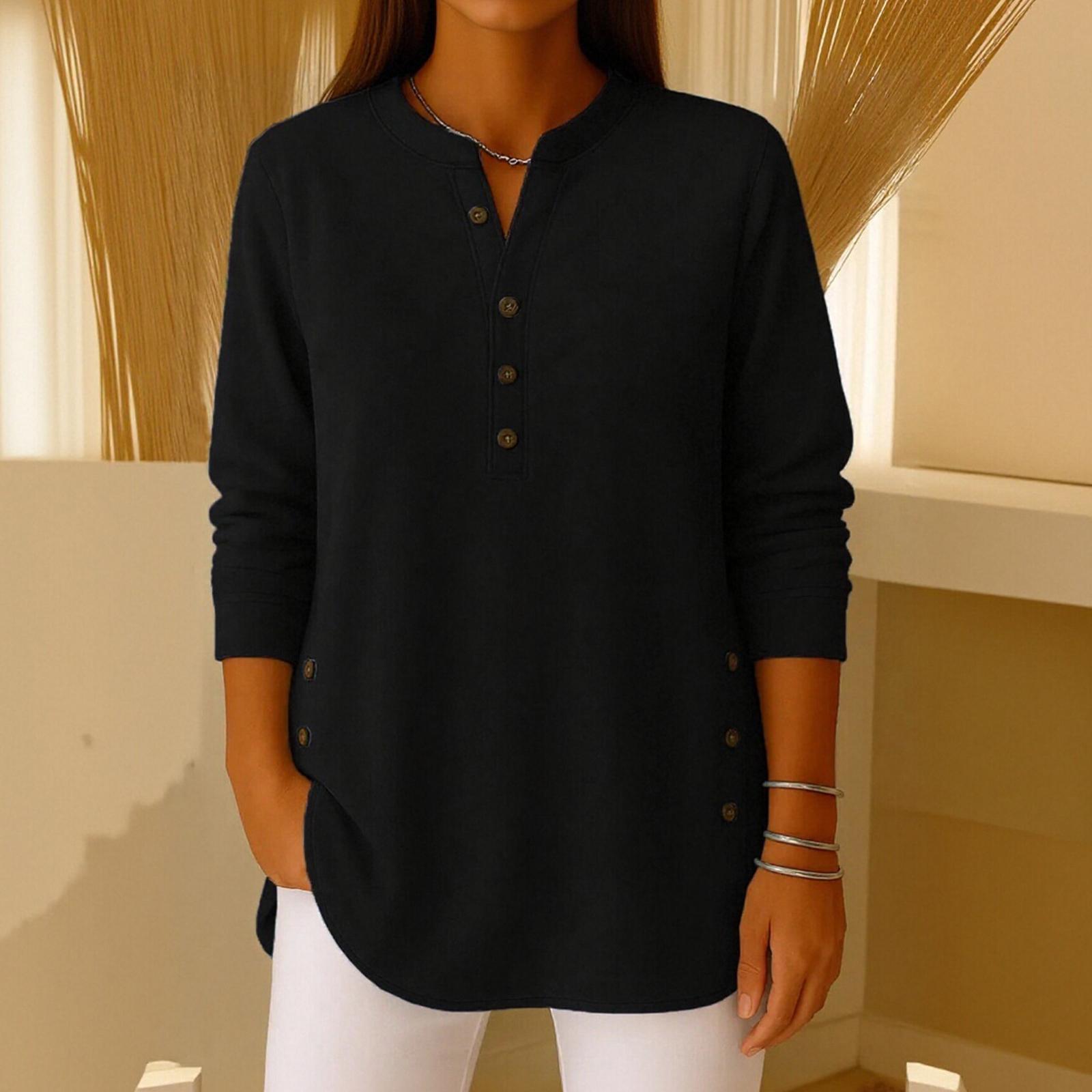 

Women s Solid Color Button Long-sleeved Casual Loose Pullover Top L