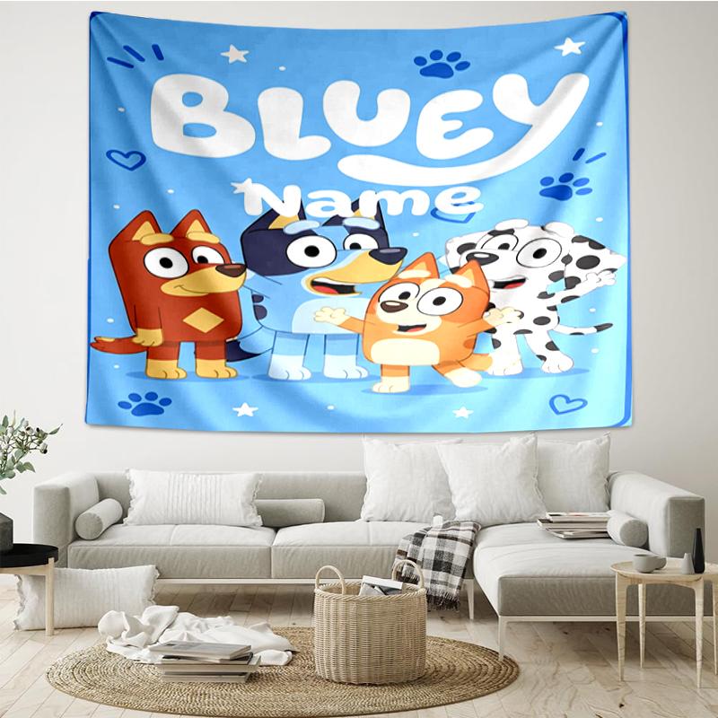 Custom Name Bluey Print Tapestry, Backdrop, Easy Setup, Ideal for Bedroom, Office & Living Room, with Aesthetic Wall Hanging Decor.