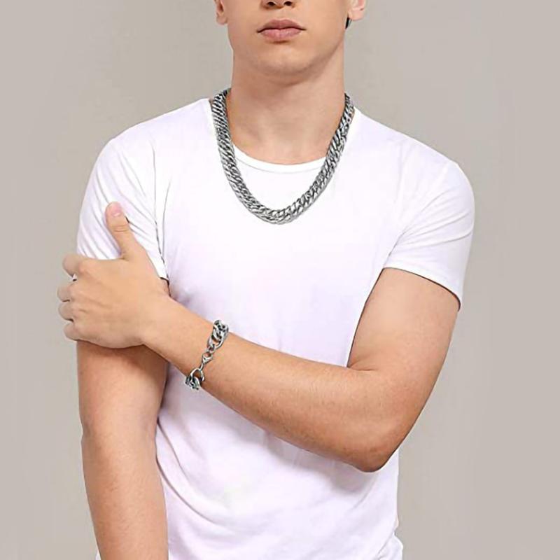 Stainless Steel Cuban Link Chain Silver Color Necklace Bracelet For Men Jewelry 8/10/12/14Mm Width Hip Hop Punk Accessories