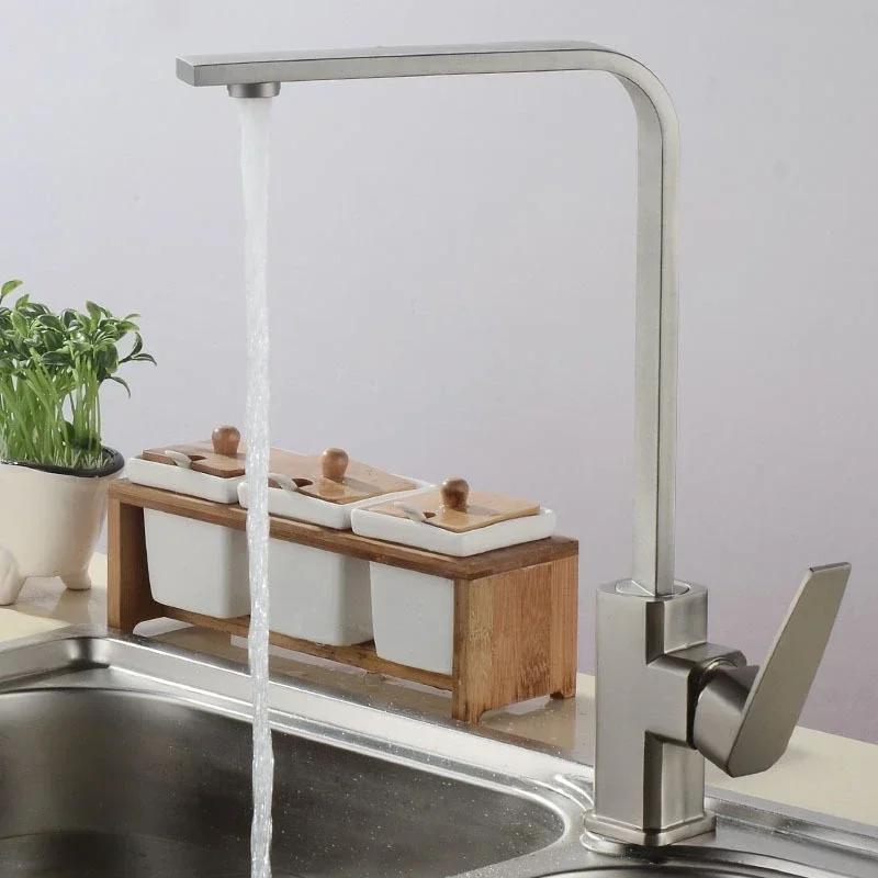 Square Kitchen Faucets 360 Degree Rotation Hot and Cold Water Taps Deck Mounted Mixer Tap Stainless Steel for Household Basin