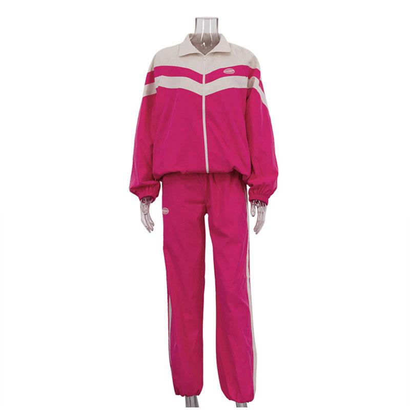 Women's Sports Suit Stripe Contrasting Design Zipper Long Sleeved Jacket with Loose Pants Casual Two-piece Set Spring and Autumn