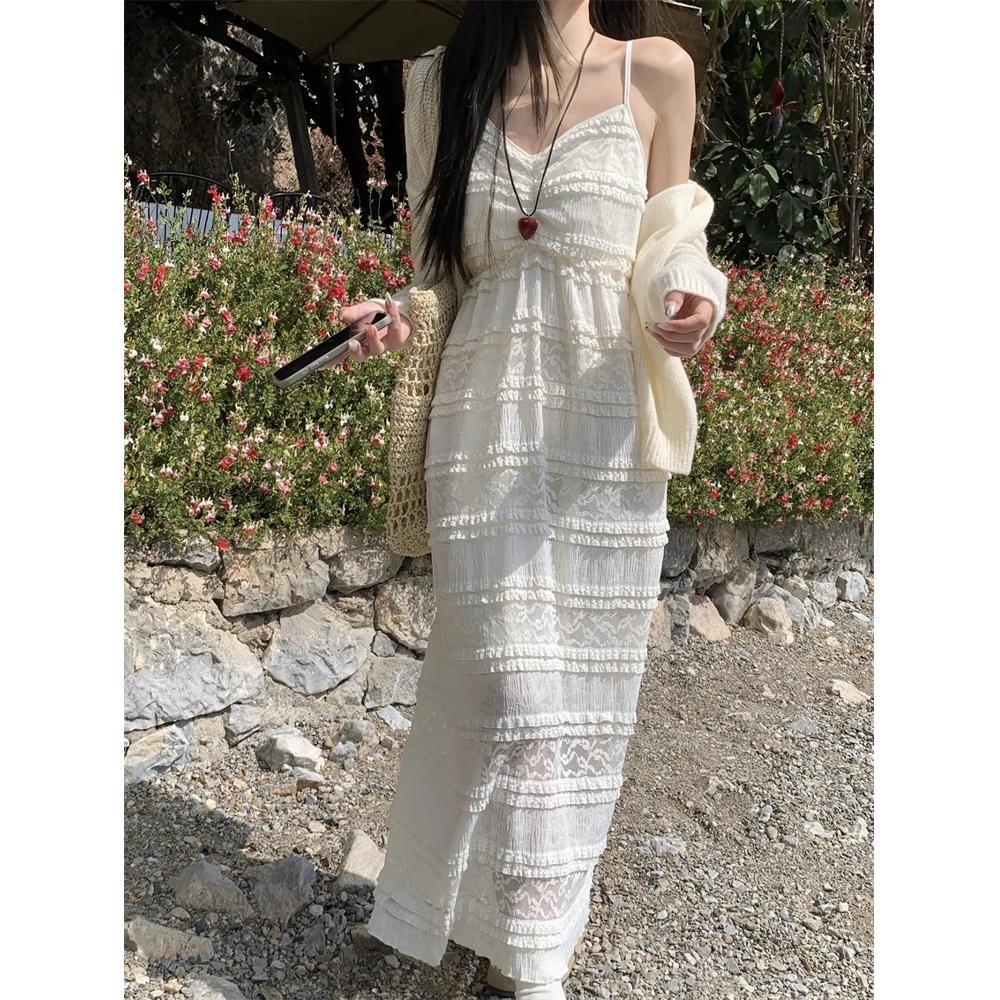 White lace suspender dress women's summer cake temperament splicing holiday style thin medium and long skirt women