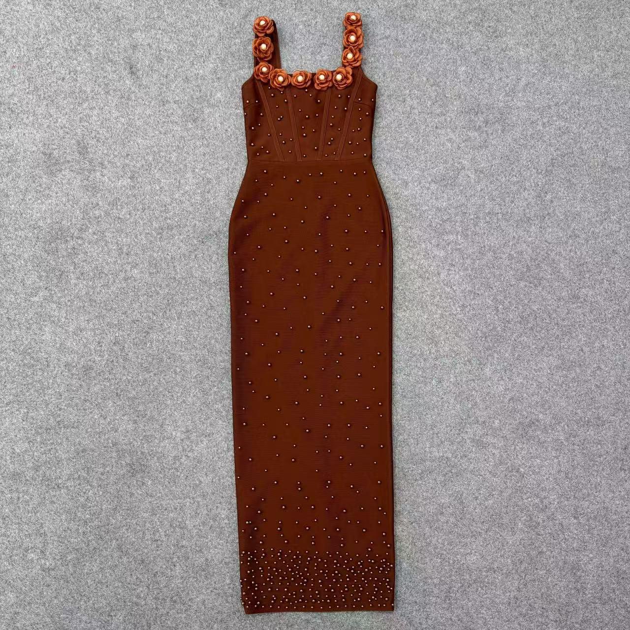 

European & American Elegant Beaded Square Neck Bandage Dress with Spaghetti Straps Small кавовий