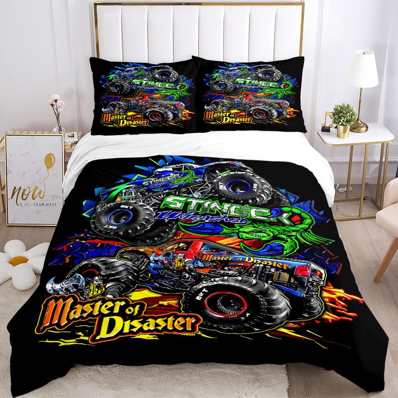 3pcs Monster Truck Stinger Unleashed & Master of Disaster Graphic Printed Home Decor Bedding Set-Universal Three-Piece Suit for Bedroom, Gue