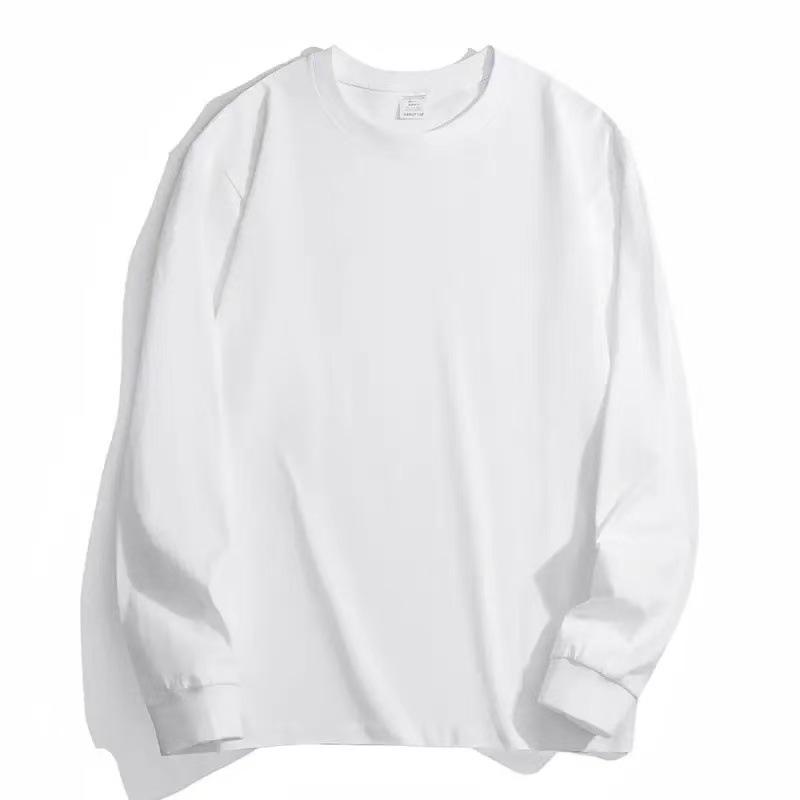 Men's 300g Heavyweight Pure Cotton White Long-Sleeve Round Neck Shirt
