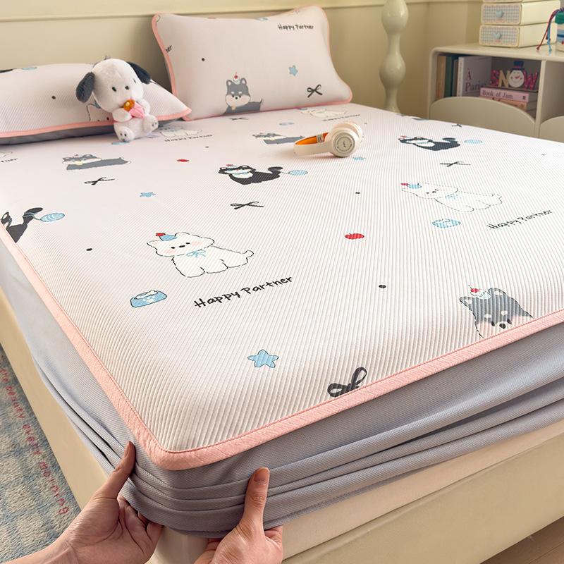 Luxury Cartoon Printed Fitted Bedsheet Set High Quality Summer Sleeping Mat with Pillowcases Ice Bean Cooling Bedding for Single