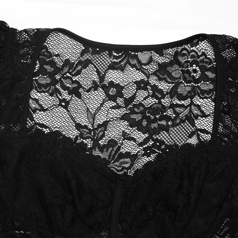Elegant Lace Trim Bodycon Black Bodysuit with Square Neck