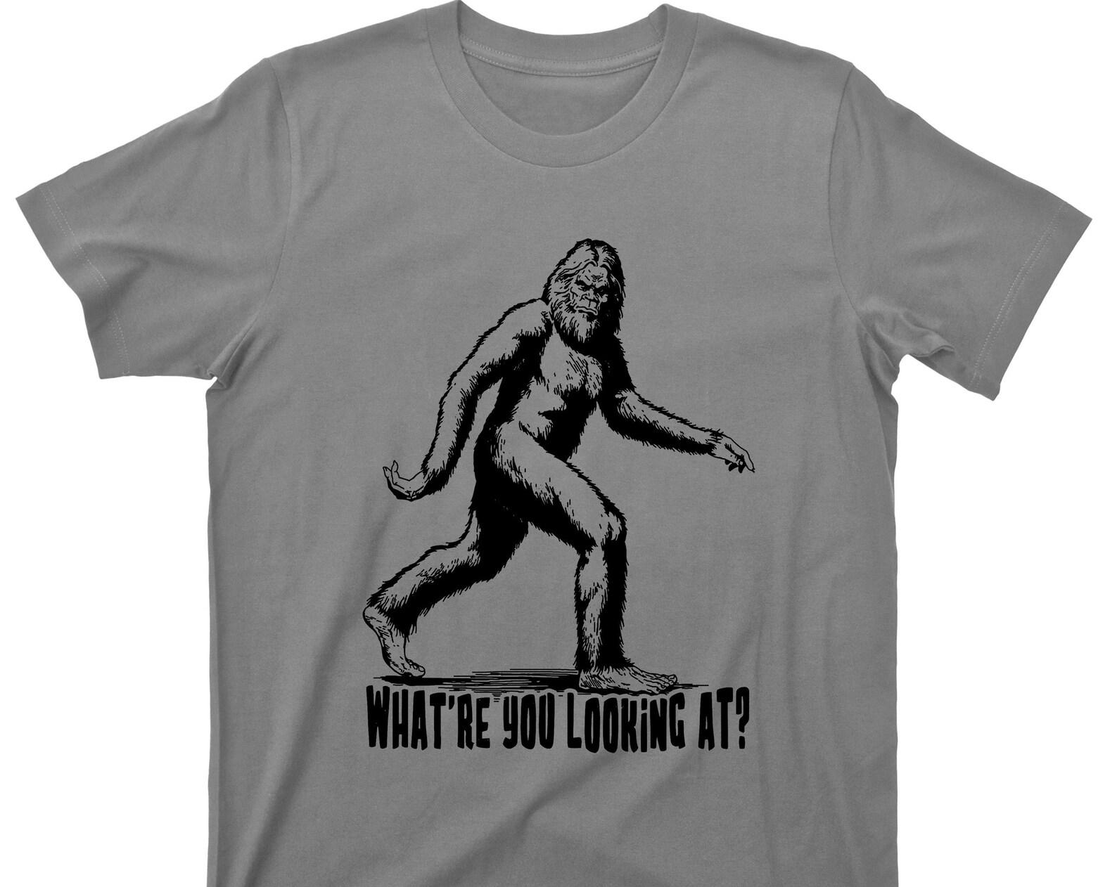 Bigfoot T Shirt - What re You Looking At Sasquatch Monkey Ape Man Yeti Cryptids Cryptozoology Graphic TShirt 2XL