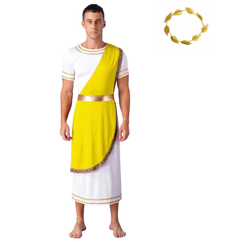 Mens Ancient Greek Toga Costume Short Sleeve Retro Gold Trim Roman Robe Headband Cosplay