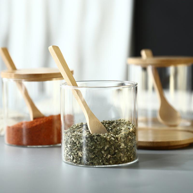 Seasoning Bottle Kitchen Glass Condiment Jars Set Clear Spice Salt Container with Tray Coffee Beans Organizer Bottle Dust-Proof