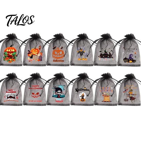 Storage Bag 12 Pcs Halloween Organza Candy Bag, Drawstring Treat Pouch with Pumpkin Ghost Bat Trick or Print, Sheer Favor for Party Snacks,