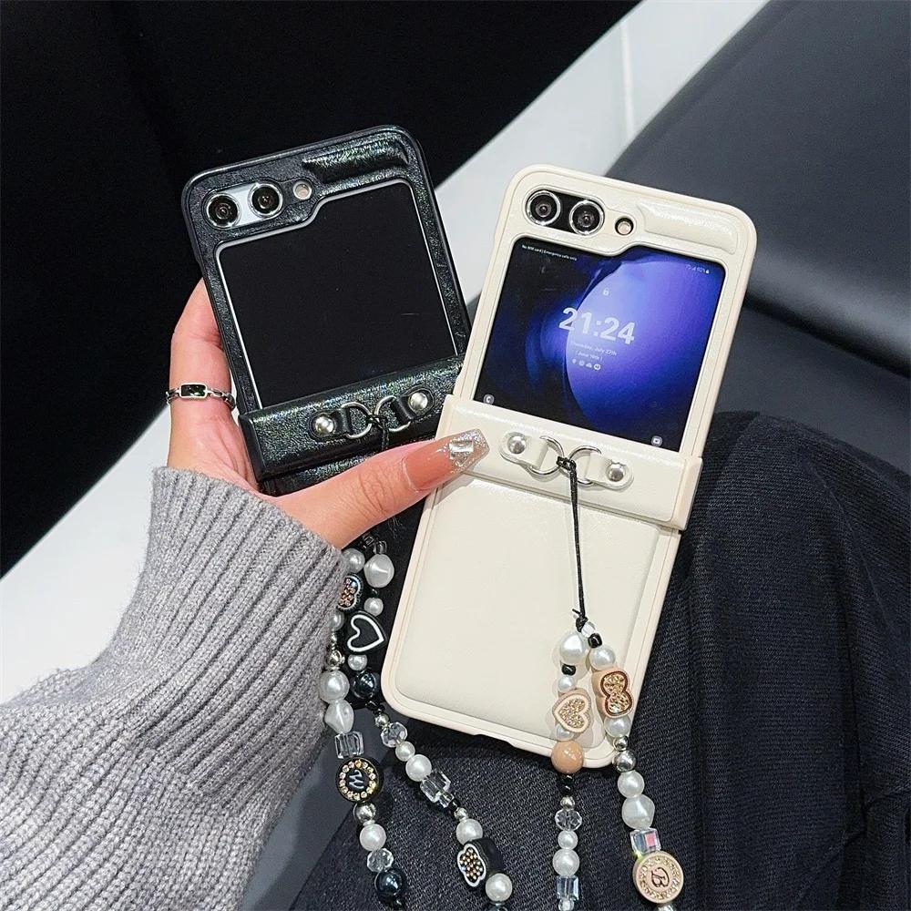 Bead Chain Wrist Strap Phone Case for Samsung Galaxy Z Flip 6 5 4 3 Flip5 Flip4 Flip3 5G Protective Shockproof PU Leather Cover