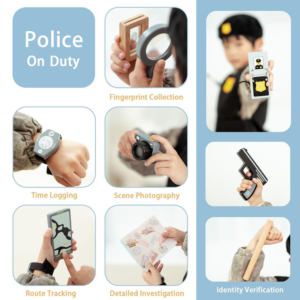 [UMU] 17-Piece Wooden Police Set for Kids, Includes Police Officer, Handcuffs, Police Gear, Toy Pistol, and Toy Walkie-Talkie for Role Play, Perfect