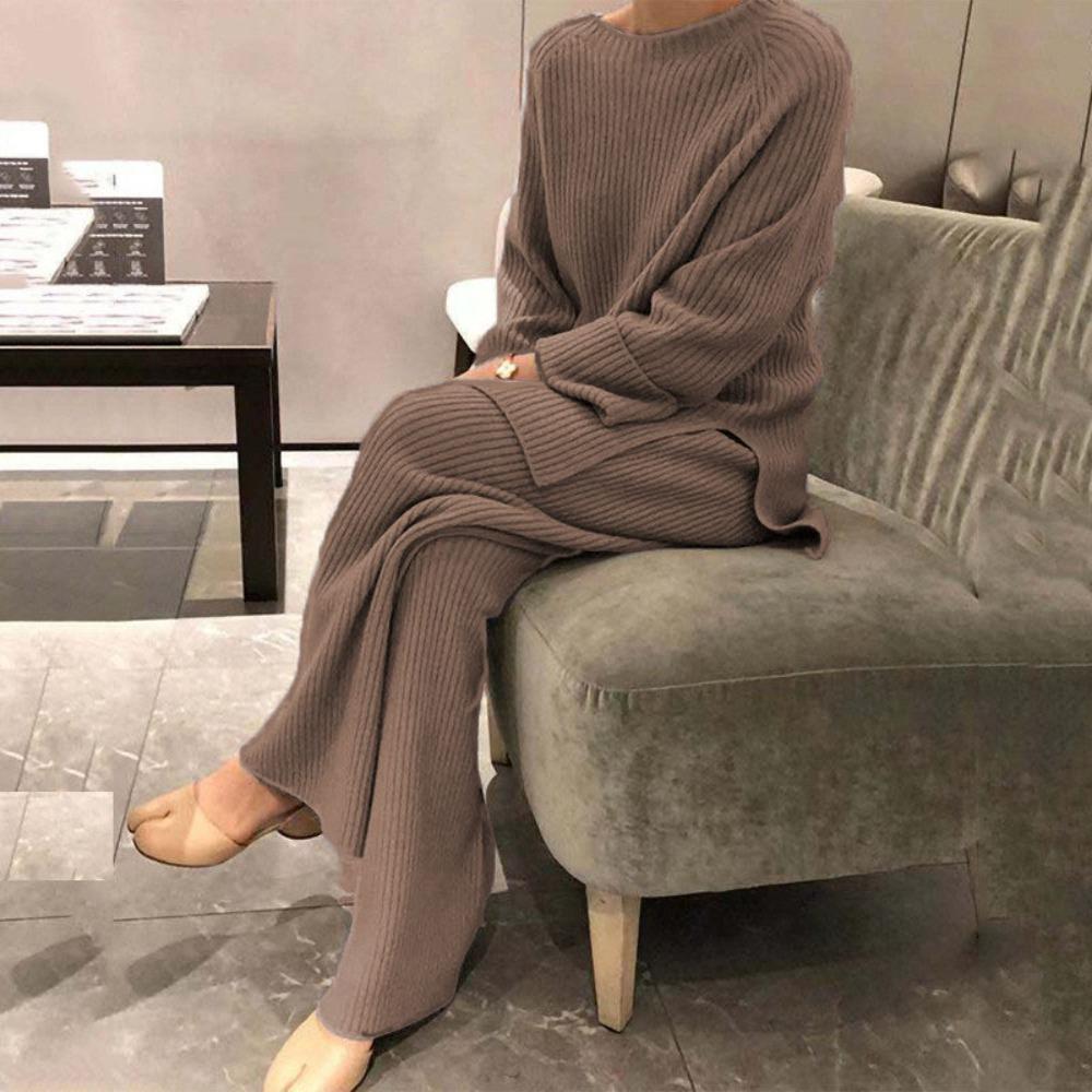 Women's Loose Fit Two-piece Suit Long Sleeve Knit Top Elastic Waist Wide Leg Pants