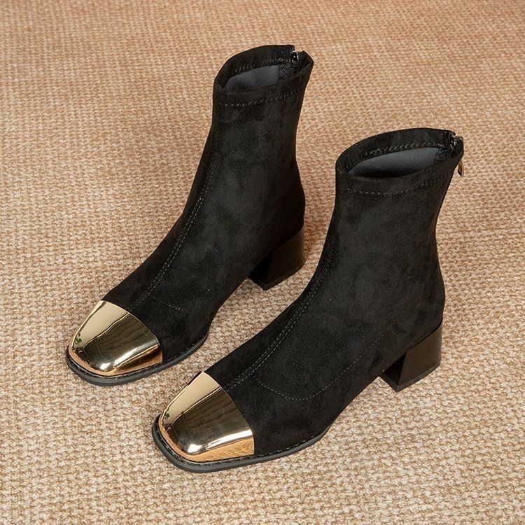 2025 autumn and winter new European and American square head thick heel high heel thin boots women French bare boots versatile short boots women