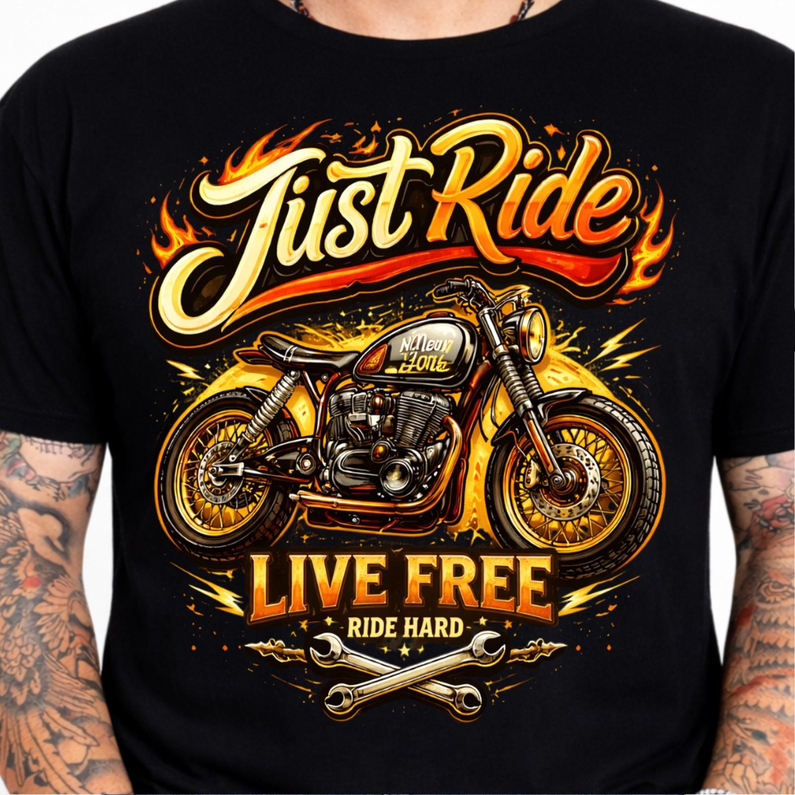 Just Ride Live Free Ride Hard Motorcycle Cafe Racer Flames Biker Graphic Tee. S