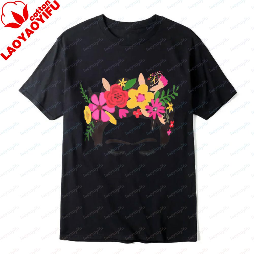 Frida Kahlo Floral Crown Graphic T-Shirt for Women Mexico Cultural Print Tee Boho Casual Short Sleeve Artistic Top Cotton Tshirt