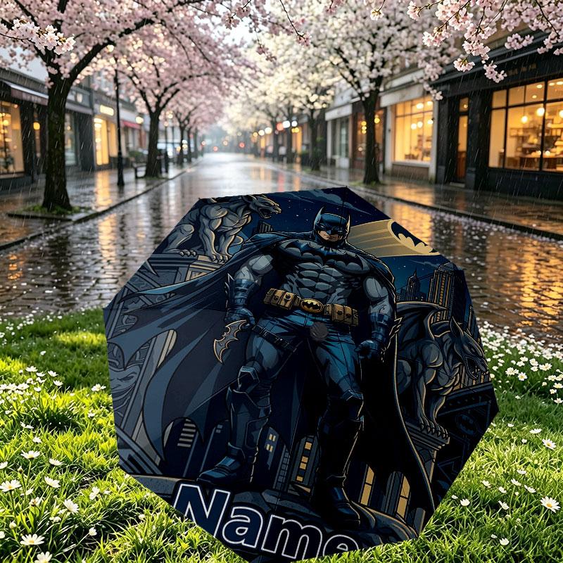 Custom Name Personalized Batman Print Umbrella, Auto Open Close, 8‑Rib Sturdy Frame, Commute Camping Hiking Use, Birthday Gift