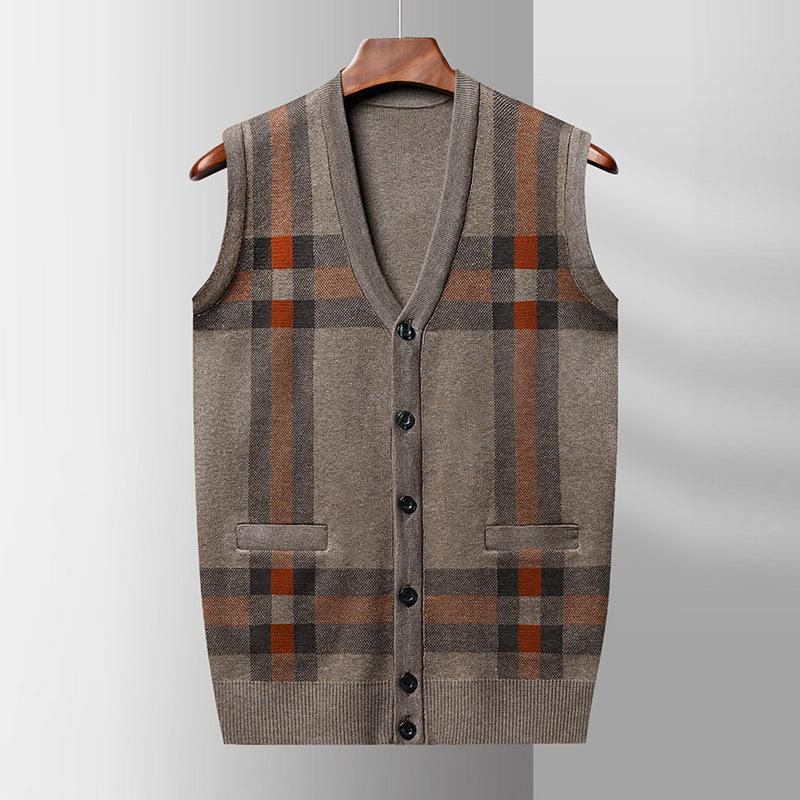 Men's Sweater Cardigan Vest Sleeveless Knit Vest Autumn and Winter New Casual Fashion Jacquard V-neck Button Cardigan