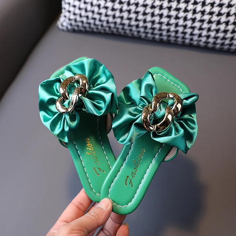 

Children s Cute Girls Slides Beach Slippers with Metal Satin Bow Flat Kids Fashion Green Open-toe Outdoor Summer Slippers Sweet 27