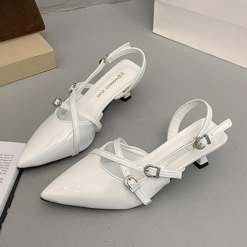 2025 new French design patent leather pointed head shallow mouth belt buckle high heels soft sole thin heel single shoes women