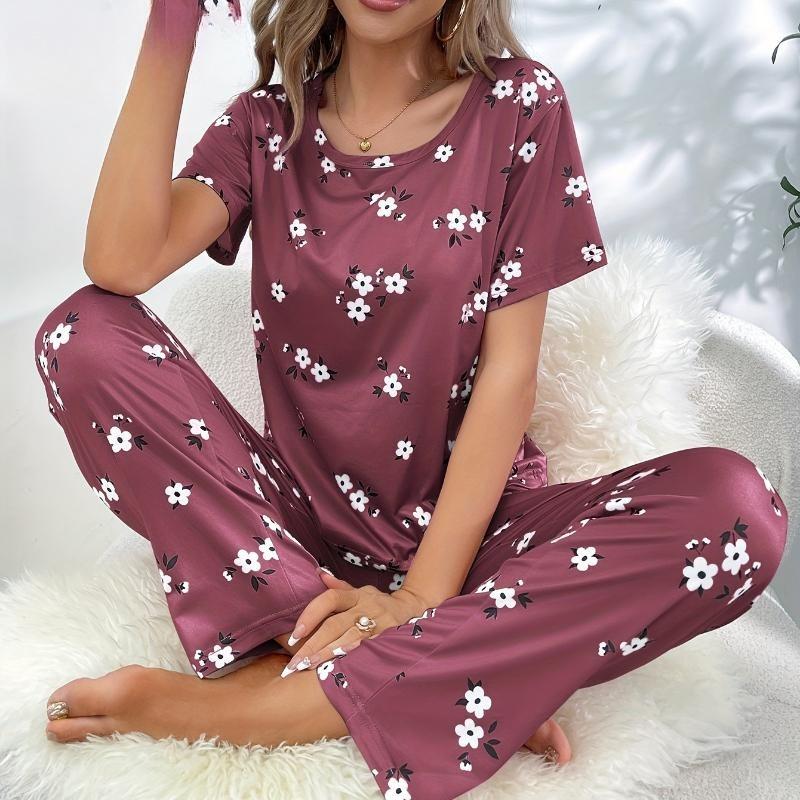 Women's Loungewear O-Neck Short Sleeve Long Pants Printed with  Pajama Set