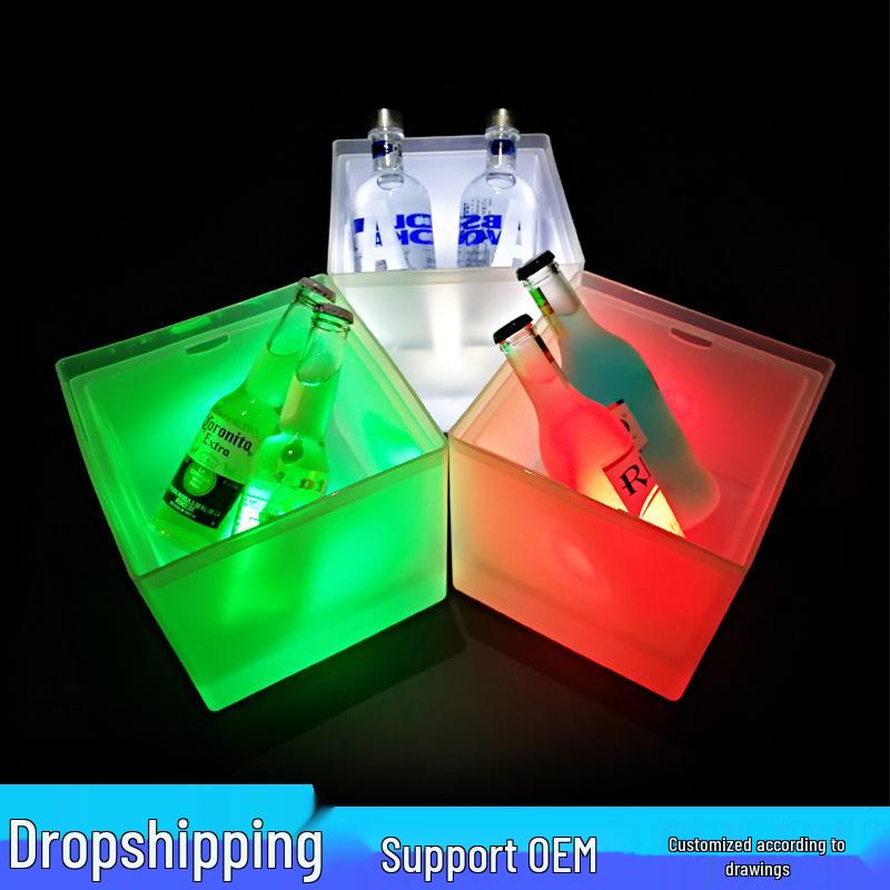 In-Stock Frosted Light-Up Ice Bucket, 3.5L Battery-Operated, Double-Layer PP for Beer, Champagne, Wine.