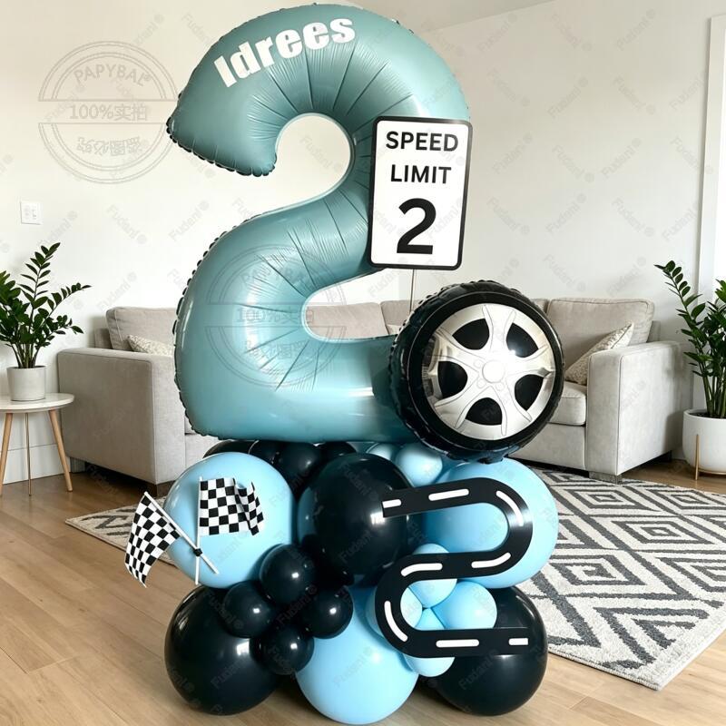 35pcs Tire Balloon Hand Cranked Flag Blue Numbers 1-9 Birthday Balloon Set Racing Themed Party Decoration Kids' Birthday Gift