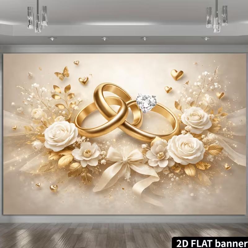 

2D Flat Printing Elegant Wedding Banner with Gold Rings, Roses and Hearts for Bridal Shower 47.2x31.5inch/120*80cm