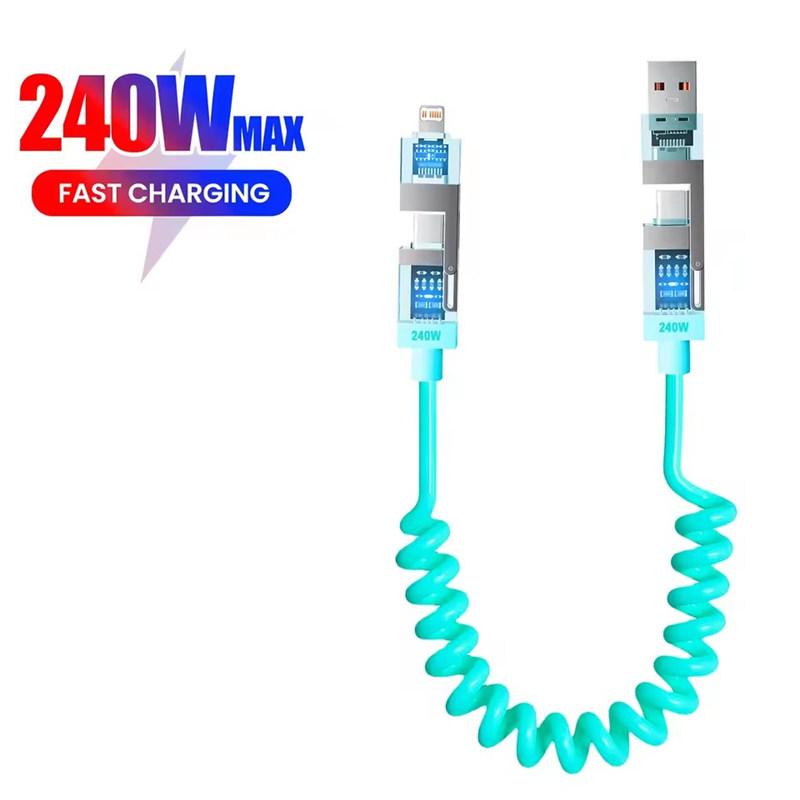 240W 4-in-1 Retractable spring super fast charging data cable For iPhone15 16 Samsung supports carplay data cable