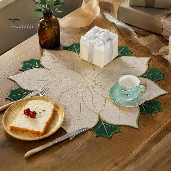 Christmas Table Placemats for Dining Floral Leaf Placemat Table, Decorative Polyester Fabric Round Mats Home with Festive Leaves Design Party
