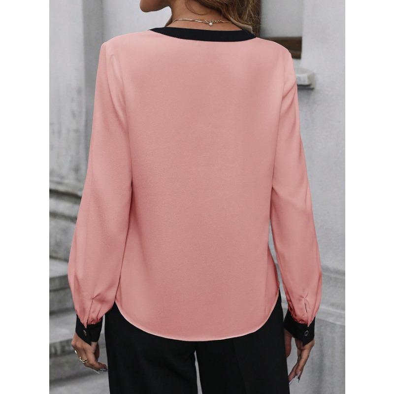 Womens V Neck Long Sleeve Contrast Color Blouse