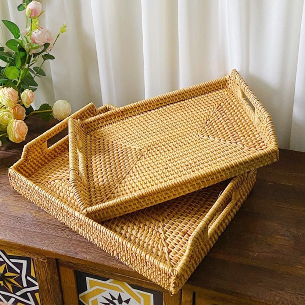 Woven Craft Tray with Handles Woven Fiber Decorative Tray Storage Tray Food Serving