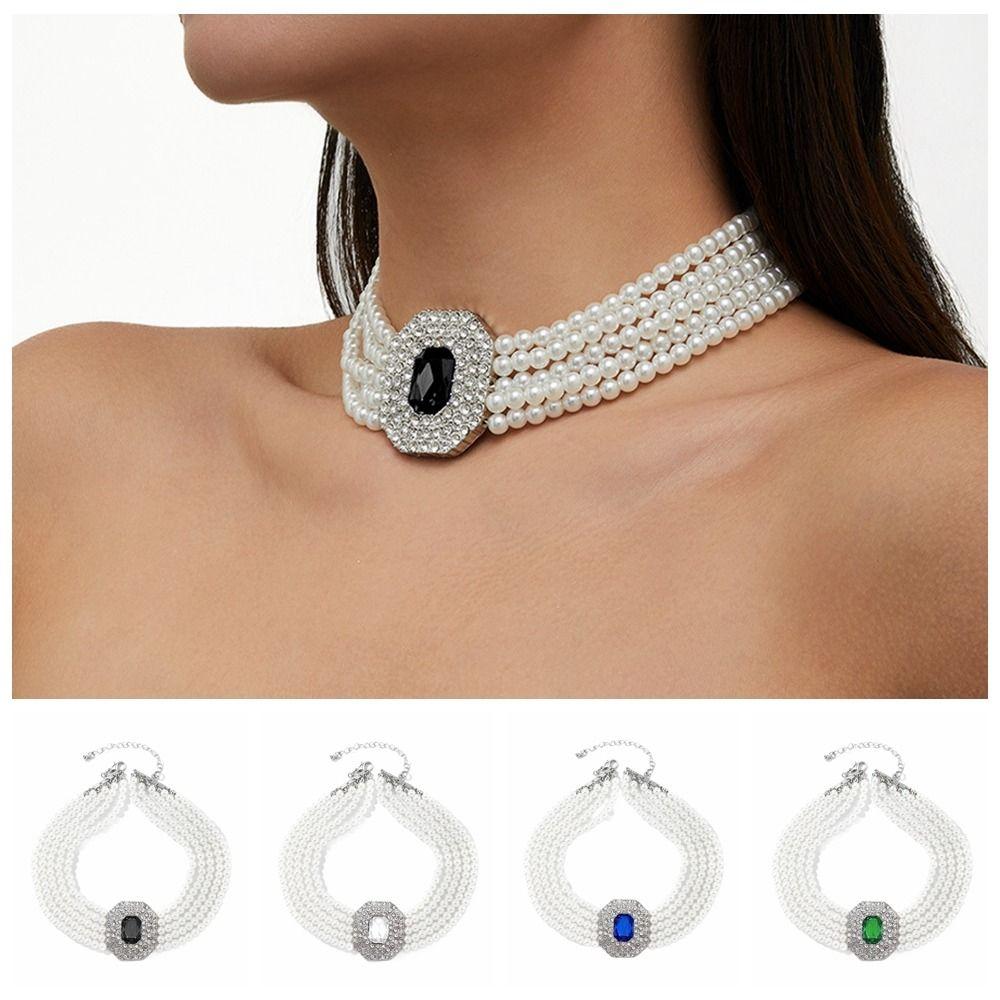 Five Layer Pearl Multilayer Necklace Imitation Pearl Women Choker Rhinestone Necklace  Wedding
