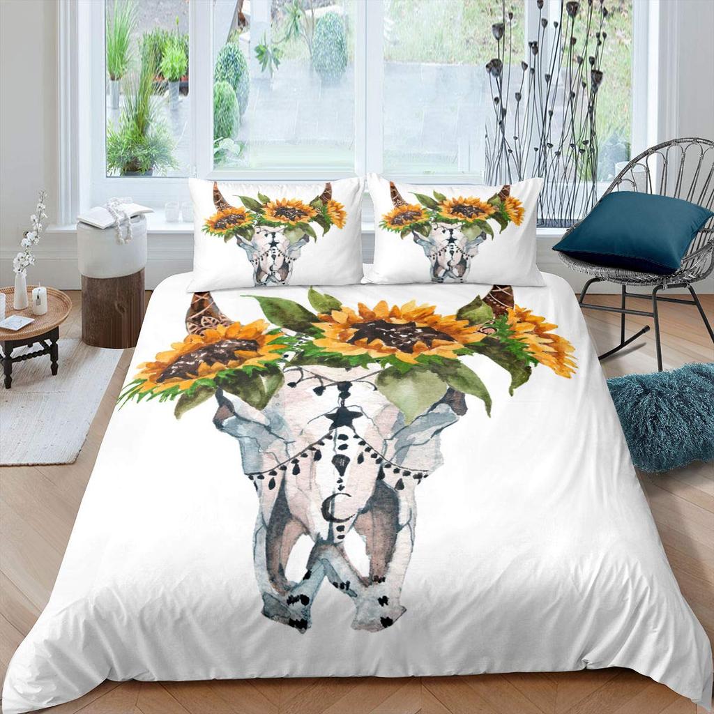 Bull Skull Duvet Cover Set Boho Chic Feather Bedding Set Bohemian Exotic Branches Flower For Teens Microfiber King Quilt Cover