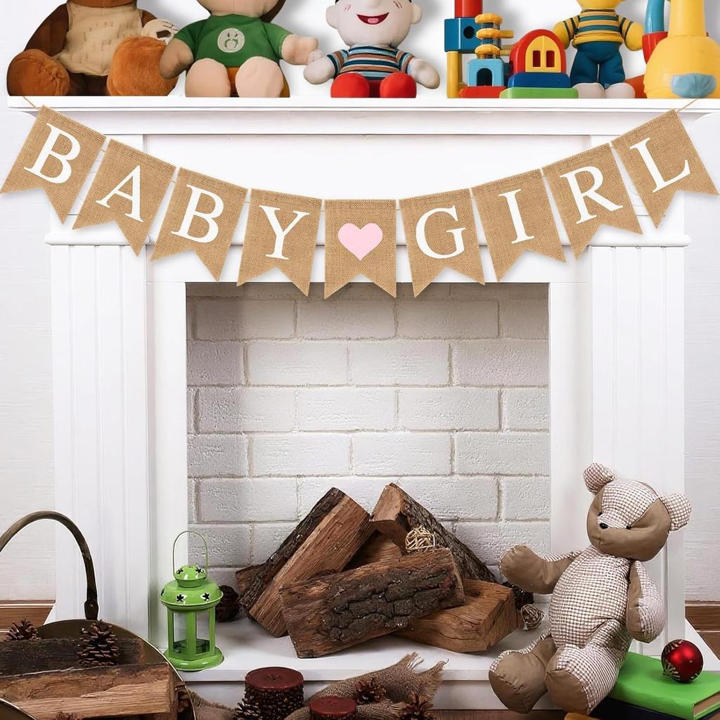Pre-Strung Baby Girl Burlap Banner, Gender Reveal Banner for Baby Shower Party Decorations (Light Pink Heart)