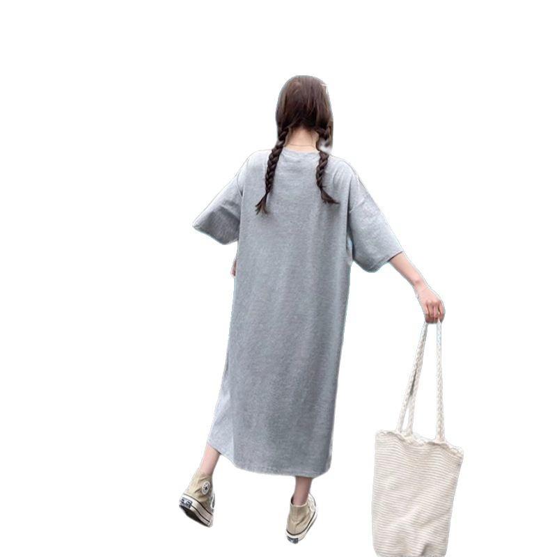 Large size women's short t-shirt skirt summer Korean pure cotton loose long knee dress casual belly cover dress