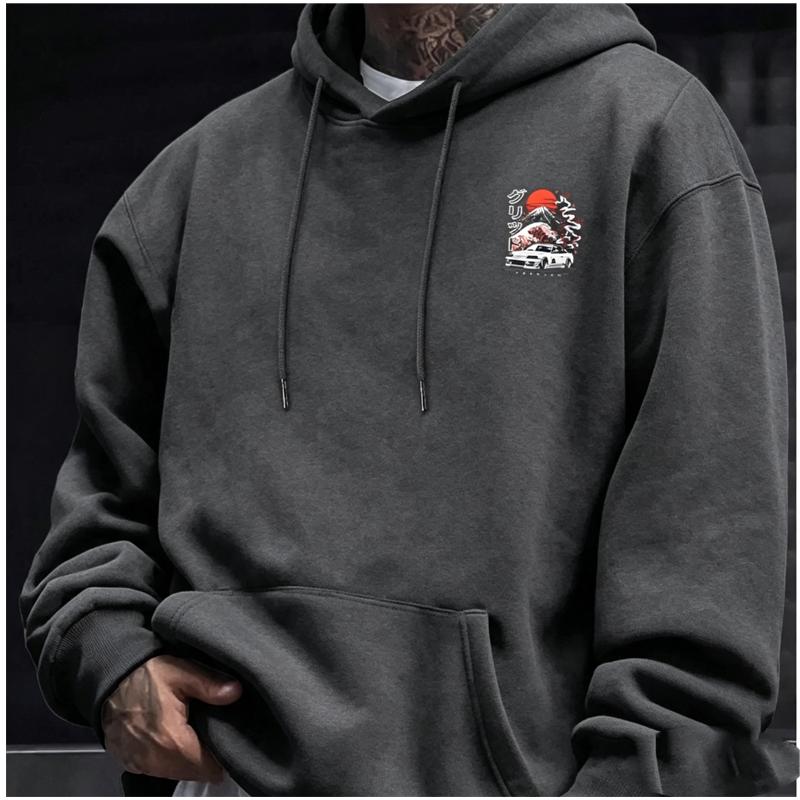 A Men'S Casual Stylish Japanese-Inspired Hoodie Featuring Mountain And Freedom Elements, Long-Sleeved Pullover, Regular Fit.