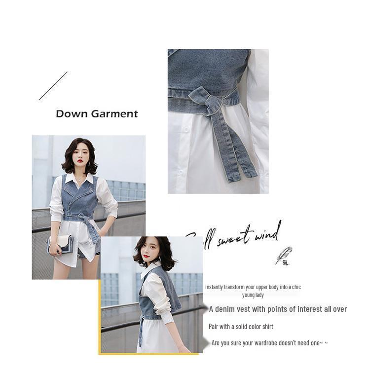 Elegant 2025 Spring/Summer Two-Piece Set: Solid Shirt + Denim Vest