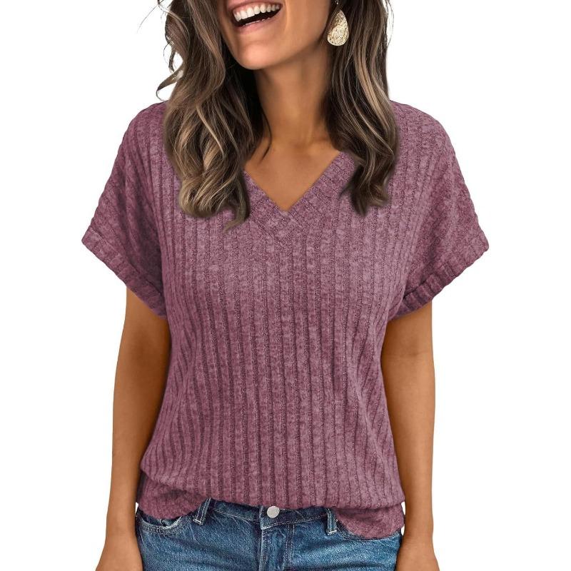 Top de punto casual suave para mujer, de color liso, con cuello en V acanalado y manga corta
