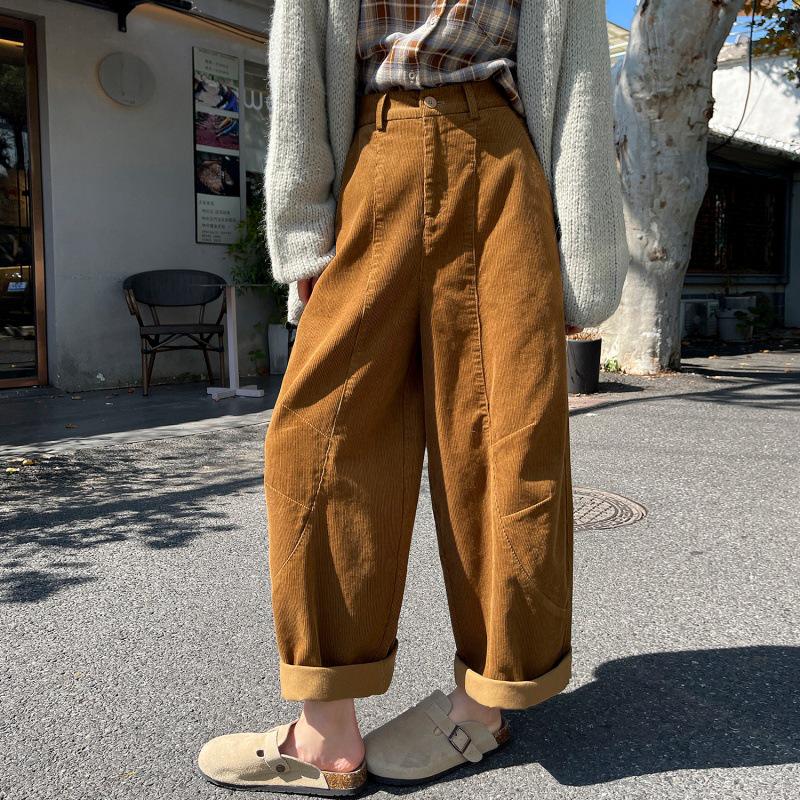 Dark Blue Corduroy High-Waisted Wide-Leg Women s Pants - Autumn/Winter 2025 Cropped Straight-Leg Suit Style L