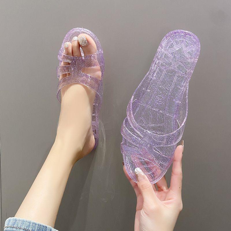 Schuhe Home Sommer 2024 Haus Slides Jewels Keilabsatz Damen Hausschuhe und Damen Sandalen Kristalle Rhenstone Jelly Pink Pvc IY