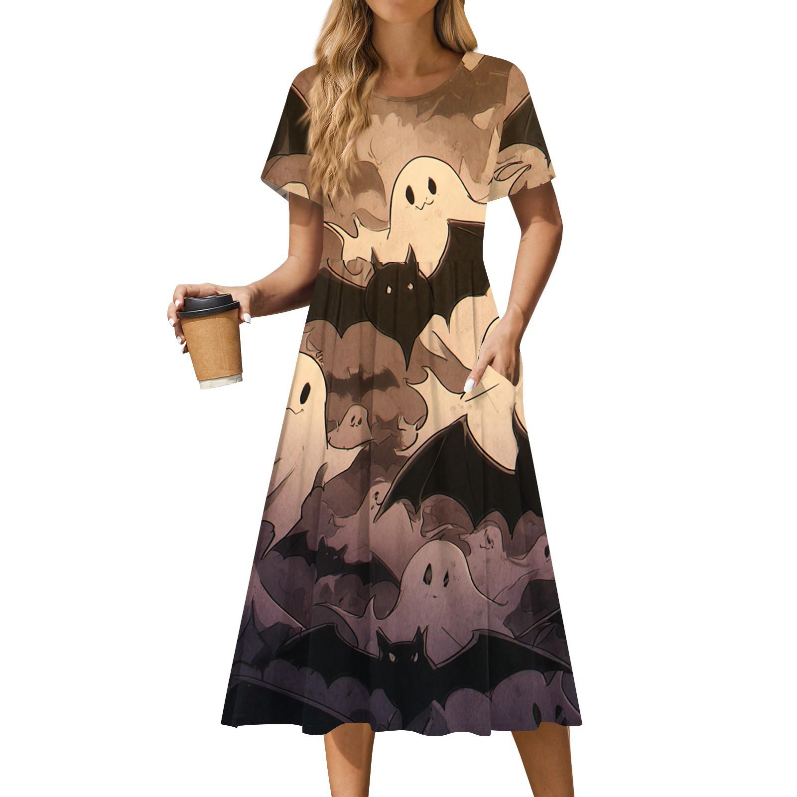 

Женское повседневное модное платье с принтом на Хэллоуин, с коротким рукавом и круглым вырезом S хаки