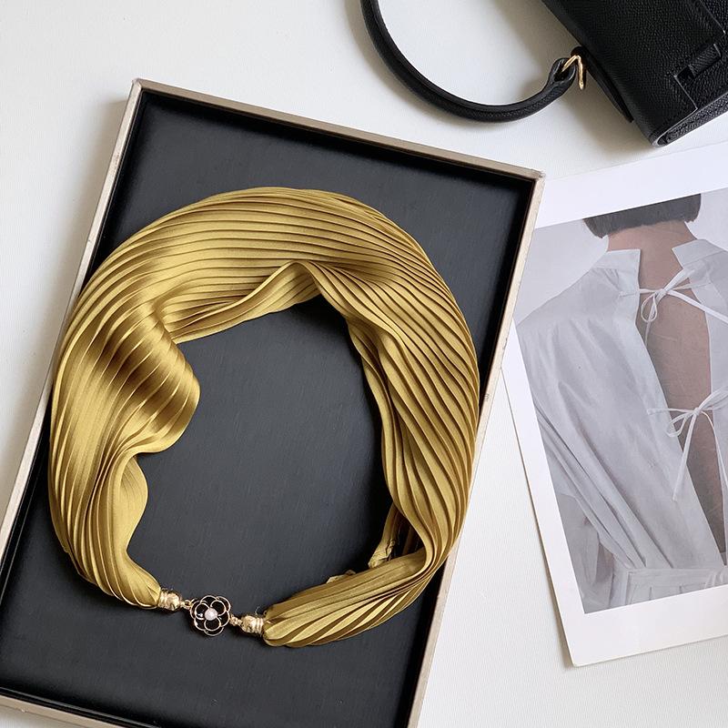New Monochrome Magnetic Variety Silk Scarf Necklace Women's Pleated Summer Sunscreen Headscarf Decorative Scarf