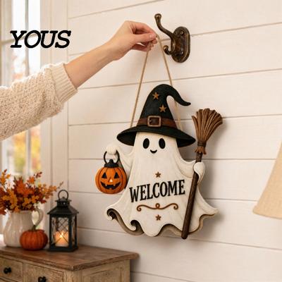 Cute Halloween Hanging Wooden Door Sign, Ghost Welcome Ornament with Witch Festive Display Hat Pumpkin Lantern Design, Holiday Wall Decor