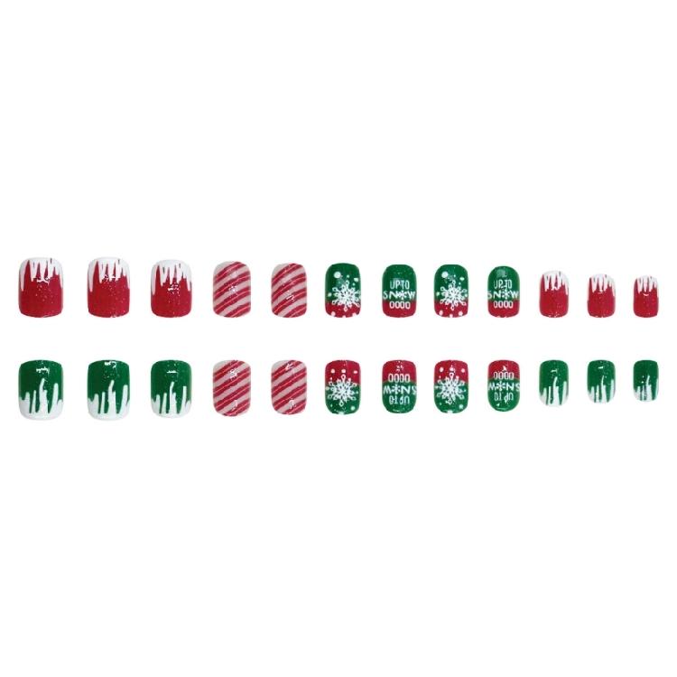 24Pcs Christmas Themed Press on Tips Scintillate Lined Striped Christmas Snowflake Design Short Square Artificial Nail Tips