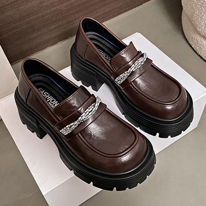 

Platform loafers women s 2025 spring and autumn new British style small leather shoes black thick heel one pedal single shoes Doudou shoes 40 коричневый
