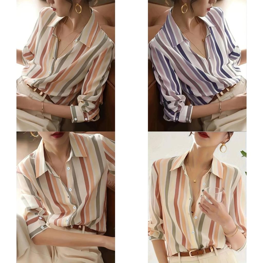 Womens Striped Long Sleeve Shirt With Spliced Fabric For Elegant Office Wear