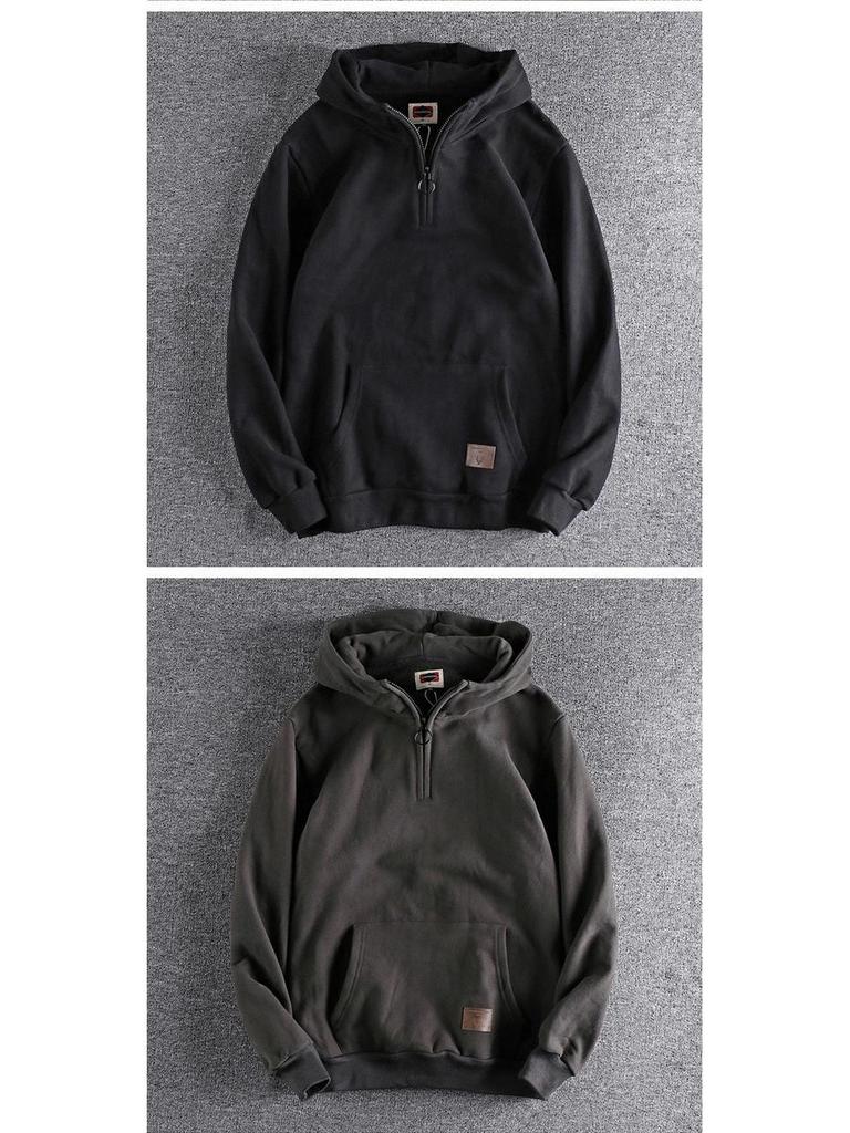 500g Heavyweight Half-Zip Men's Hooded Sweatshirt - Vintage Japanese-Style Trendy Youth Top